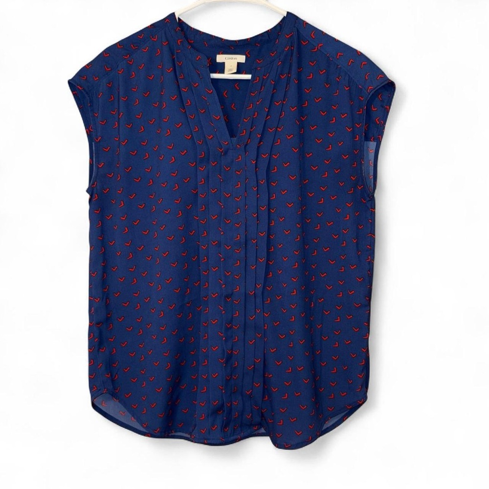 Caslon Navy Cap-Sleeve V-Neck Blouse with Red design